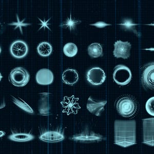 K&ouml;nnte beinhalten: Eine Sammlung von 36 blauen leuchtenden Lichteffekten, darunter Sterne, Kreise und Quadrate. Diese Effekte eignen sich perfekt, um Ihren Designs einen futuristischen oder magischen Touch zu verleihen.