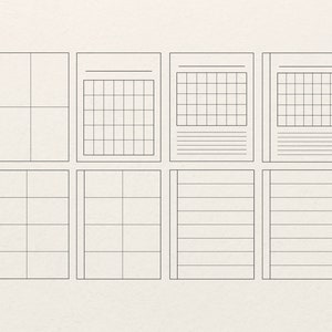 May include: A set of eight blank printable pages with different grid and lined layouts. The pages are designed for note-taking, journaling, or planning.
