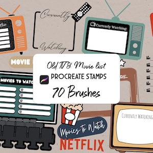 May include: A set of 70 Procreate stamps and brushes featuring old-fashioned TV and movie themes. The image includes a variety of vintage TV and movie icons, including a movie ticket, a popcorn bucket, a movie reel, and a vintage TV set. The text "Old TV & Movie list" and "PROCREATE STAMPS" is also included in the image.