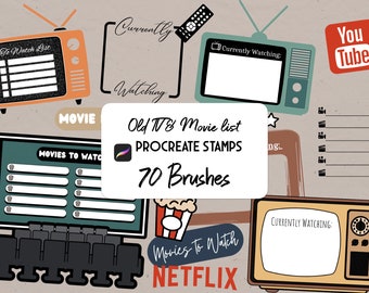 May include: A set of 70 Procreate stamps and brushes featuring old-fashioned TV and movie themes. The image includes a variety of vintage TV and movie icons, including a movie ticket, a popcorn bucket, a movie reel, and a vintage TV set. The text "Old TV & Movie list" and "PROCREATE STAMPS" is also included in the image.