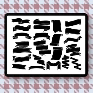 May include: A digital illustration of a set of 24 black and white ribbon banners. The banners are in various shapes and sizes, including curved, straight, and scroll designs.