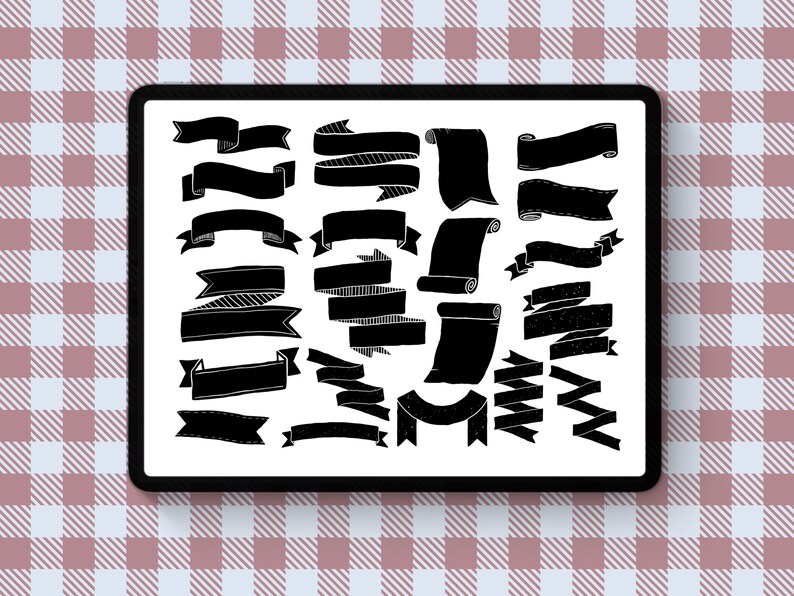 May include: A digital illustration of a set of 24 black and white ribbon banners. The banners are in various shapes and sizes, including curved, straight, and scroll designs.