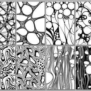 May include: A collection of eight abstract art prints. Each print features a unique black and white design, with patterns including swirling lines, organic shapes, and geometric forms. The prints are rectangular and suitable for wall decor.
