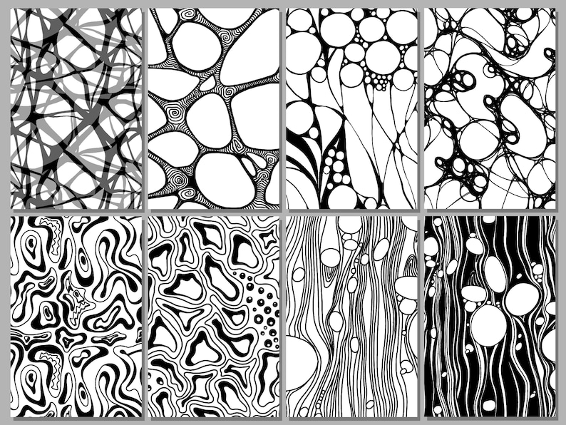 May include: A collection of eight abstract art prints. Each print features a unique black and white design, with patterns including swirling lines, organic shapes, and geometric forms. The prints are rectangular and suitable for wall decor.