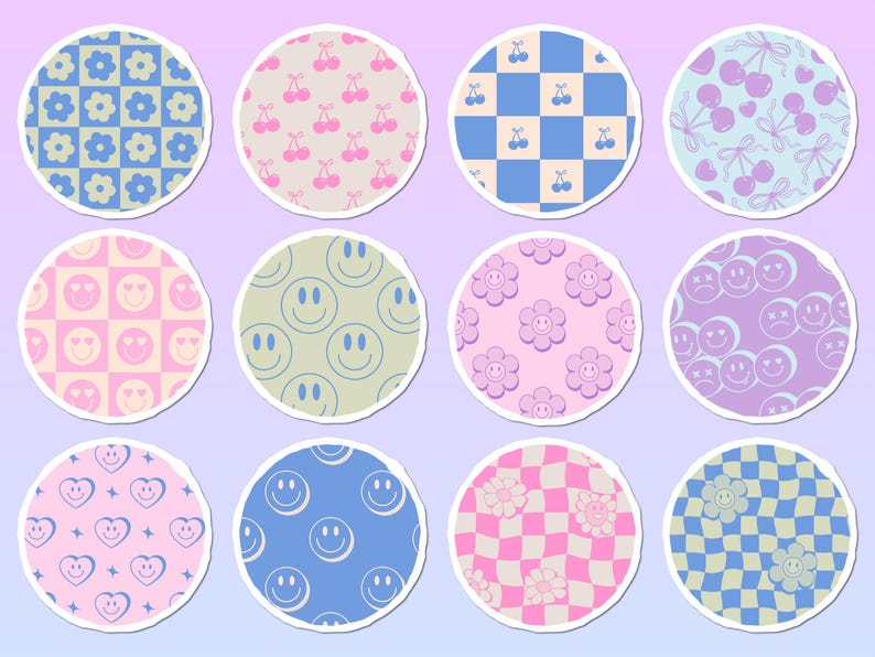 May include: A set of twelve circular stickers featuring various patterns including blue and yellow checkered flowers, pink cherries, blue checkered cherries, purple cherries, pink checkered hearts, green smiley faces, pink flowers, purple smiley faces, pink hearts, blue smiley faces, pink checkered flowers, and blue checkered flowers.