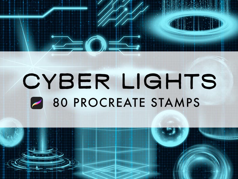 K&ouml;nnte beinhalten: 80 Procreate-Stempel mit leuchtenden blauen und wei&szlig;en Neonlichtern, geometrischen Formen und abstrakten Designs. Der Text "CYBER LIGHTS" ist in Schwarz auf wei&szlig;em Hintergrund dargestellt.