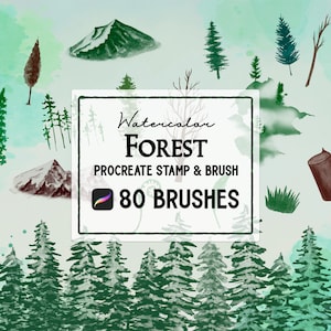 Puede incluir: Ilustración de acuarela de una escena de bosque con árboles, montañas y otros elementos del bosque. La imagen incluye el texto "Watercolor Forest Procreate Stamp & Brush 80 Brushes".