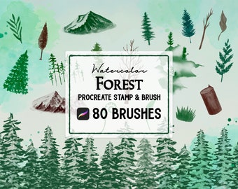 Può includere: Illustrazione ad acquerello di una scena di foresta con alberi, montagne e altri elementi della foresta. L'immagine include il testo "Watercolor Forest Procreate Stamp & Brush 80 Brushes".