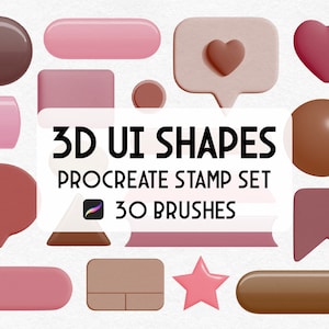 Pode incluir: Um conjunto de 30 pincéis de carimbo Procreate com formas de interface do usuário 3D em rosa e marrom. As formas incluem círculos, quadrados, retângulos, corações, estrelas, balões de fala e muito mais.