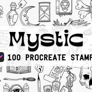 May include: Black and white line art illustrations of mystical and occult symbols, including a Ouija board, dice, hourglass, and a skull. The word "Mystic" is displayed above the text "100 Procreate Stamps".
