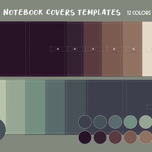 May include: Notebook cover templates in 12 colors. The templates are in PDF format and are A4 size. The colors are a mix of greens, browns, and grays.