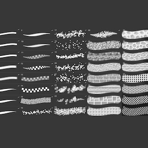 May include: A set of 32 black and white brush stroke patterns. The patterns include lines, dots, squares, and other geometric shapes. The patterns are arranged in rows and columns.