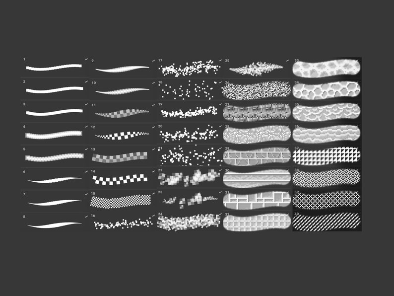 May include: A set of 32 black and white brush stroke patterns. The patterns include lines, dots, squares, and other geometric shapes. The patterns are arranged in rows and columns.