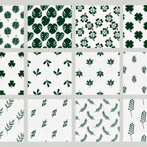 May include: Sixteen square patterns showcasing dark green leaf and floral designs on a white backdrop. The patterns include monstera leaves, clovers, and other botanical motifs, ideal for fabric or wallpaper applications.
