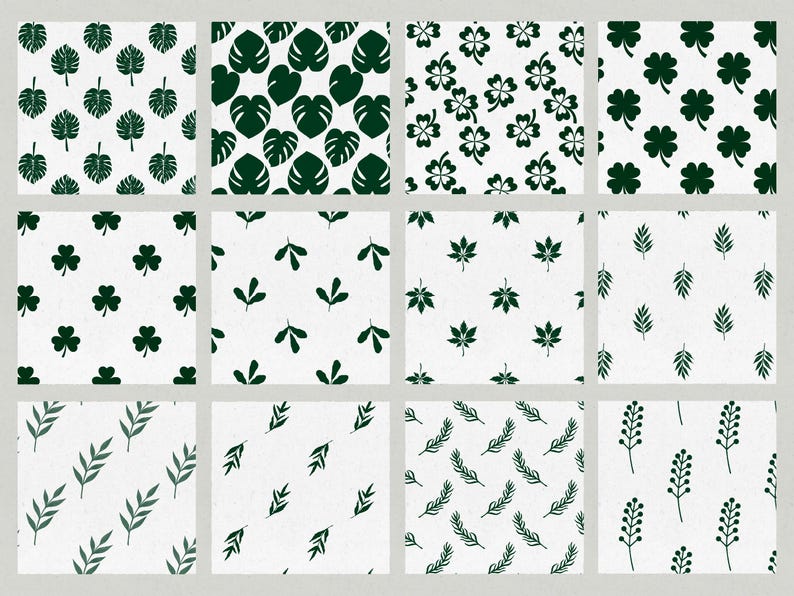 May include: Sixteen square patterns showcasing dark green leaf and floral designs on a white backdrop. The patterns include monstera leaves, clovers, and other botanical motifs, ideal for fabric or wallpaper applications.