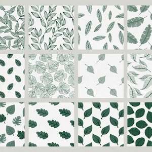 May include: Twelve square patterns showcasing green leaf designs on a white backdrop. The designs include detailed illustrations of leaves, branches, and tropical foliage, providing a botanical theme for various applications.