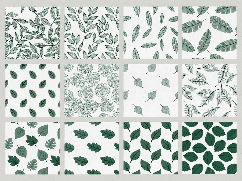 May include: Twelve square patterns showcasing green leaf designs on a white backdrop. The designs include detailed illustrations of leaves, branches, and tropical foliage, providing a botanical theme for various applications.