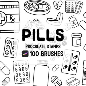 May include: Black and white line art illustration featuring various pill and medicine-related icons. The word "PILLS" is prominently displayed, along with text indicating "PROCREATE STAMPS" and "100 BRUSHES".