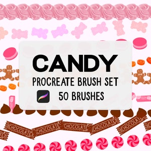 Puede incluir: Un conjunto de arte digital llamado "CANDY PROCREATE BRUSH SET" con 50 pinceles. La imagen presenta varias ilustraciones de dulces, incluyendo merengues rosas, ositos de goma, macarons, hombres de jengibre, rodajas de naranja, barras de chocolate y caramelos en espiral, todo sobre un fondo rosa claro.