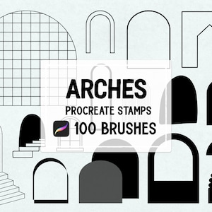 Puede incluir: Un conjunto de 100 sellos de Procreate con varios diseños de arcos. Los sellos incluyen arcos con diferentes formas, tamaños y estilos, incluyendo un patrón de cuadrícula, un arco simple y un arco redondeado. El texto "ARCHES" y "PROCREATE STAMPS" se muestra en negrita, en color negro. El texto "100 BRUSHES" se muestra en blanco sobre un fondo degradado rosa y morado.