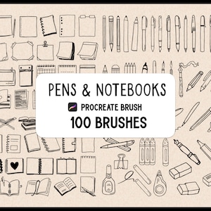 May include: A selection of hand-drawn pens, pencils, notebooks, and stationery items. The image features various pen styles, notebooks with different bindings, sticky notes, and other office supplies. The text "PENS & NOTEBOOKS" and "100 BRUSHES" is displayed on a white background.