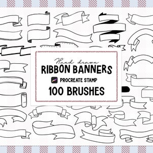 May include: A set of 100 hand-drawn ribbon banner brushes for Procreate. The brushes are black and white and feature a variety of styles, including curved, straight, and scroll designs.