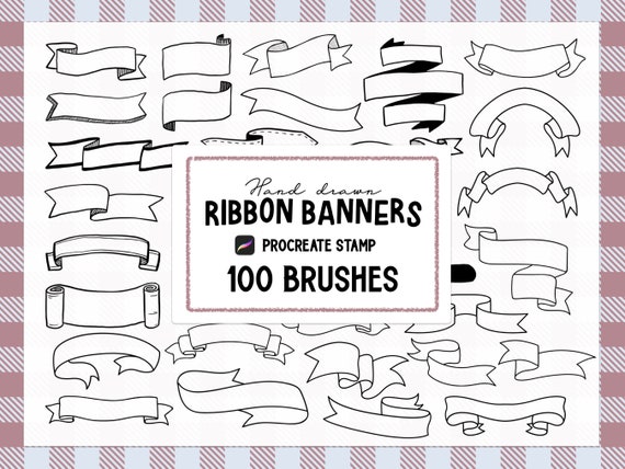 100 Hand drawn Ribbon Banners Procreate Stamp brush Set