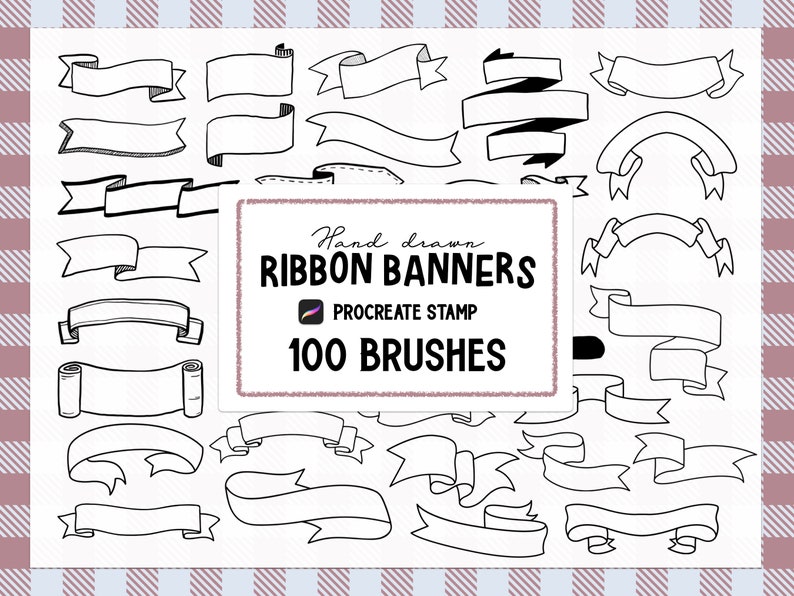 May include: A set of 100 hand-drawn ribbon banner brushes for Procreate. The brushes are black and white and feature a variety of styles, including curved, straight, and scroll designs.