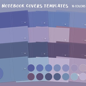 May include: 16 different coloured notebook cover templates in shades of blue and purple. The covers are designed with a stitched edge and a button closure. The templates are available in A4 size and in PDF format.