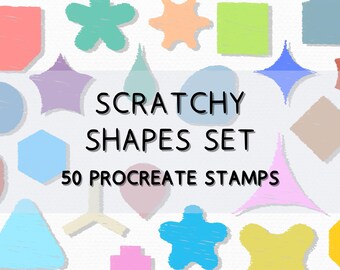 May include: A digital art graphic featuring a variety of colorful, hand-drawn shapes in pastel colors. The text "SCRATCHY SHAPES SET" and "50 PROCREATE STAMPS" are displayed in black. The shapes include stars, squares, and circles.