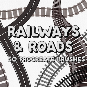 May include: A set of 50 Procreate brushes featuring various styles of railway tracks and roads. The brushes are designed for use in digital art and illustration.