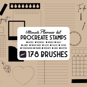 Op de afbeelding: Een digitale plannerkit voor Procreate met 178 kwasten en stempels. De kit bevat notities, maandelijkse, wekelijkse, dagelijkse, lijnen, washi-tapes, clips, klok, pictogrammen, gescheurde papieren, frames, widgets, raster en gestippelde elementen. De kit is ontworpen voor gebruik met de Procreate-app.