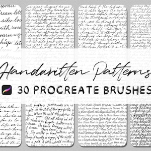Pode incluir: Um conjunto de arte digital com 30 pincéis Procreate apresentando padrões manuscritos. A imagem exibe vários cartões retangulares com vários exemplos de texto manuscrito em tinta preta sobre um fundo branco. As palavras "Handwritten Patterns" e "30 Procreate Brushes" também são visíveis.