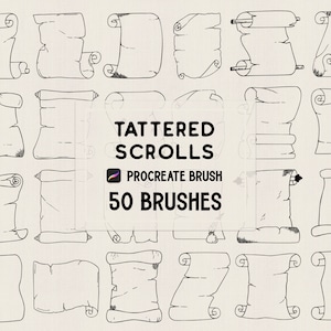 May include: A collection of 20 hand-drawn scroll illustrations in black ink on a beige background. The text "Tattered Scrolls" and "Procreate Brush 50 Brushes" is visible. The scrolls vary in shape and detail, some with rolled edges.