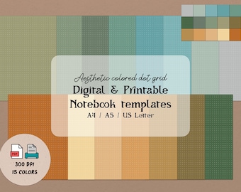 May include: A set of 15 digital and printable notebook templates featuring a variety of colored dot grids. The templates are available in A4, A5, and US Letter sizes. The image includes a color palette of the different dot grid colors.