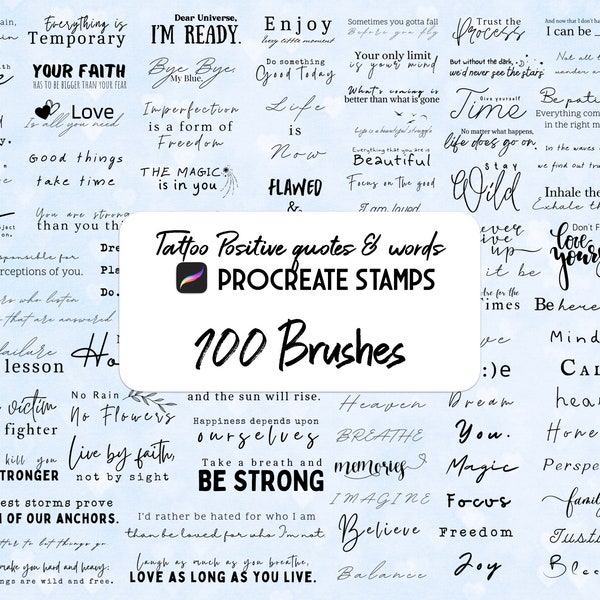 100 Positive tattoo affirmations Procreate Stamp brush Set