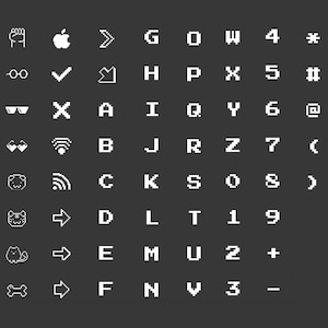 May include: A set of pixelated icons in white on a black background. The icons include letters, numbers, symbols, and a variety of other images, such as a fist, an apple, sunglasses, a heart, a wifi symbol, a cat, a dog, and a bone.