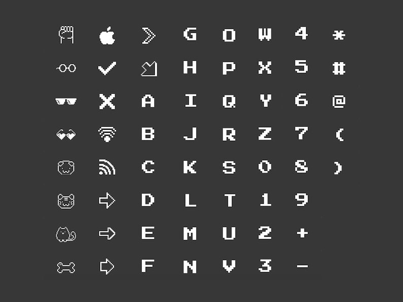 May include: A set of pixelated icons in white on a black background. The icons include letters, numbers, symbols, and a variety of other images, such as a fist, an apple, sunglasses, a heart, a wifi symbol, a cat, a dog, and a bone.
