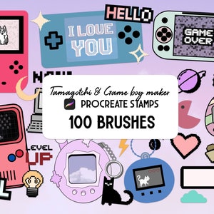 Retro Tamagotchi & Gameboy widget stickers creator Procreate Stamp brush Set