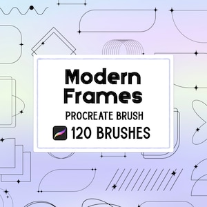 May include: A digital illustration of 120 modern geometric frames for use in Procreate. The frames are in black and white and are arranged in a grid pattern on a light blue and purple gradient background.