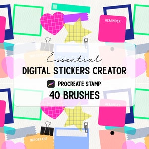 May include: A digital sticker creator for Procreate with 40 brushes. The image shows a variety of colorful stickers, including hearts, stars, squares, and rectangles. The text "Essential Digital Stickers Creator" and "Procreate Stamp" are visible in the image.