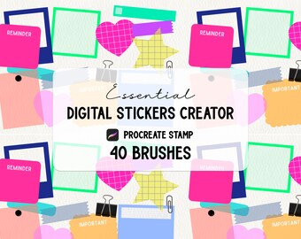Essential Digital Stickers Creator Procreate Stamp brush Set, Washi tapes, Sticky notes, Clips, DIY