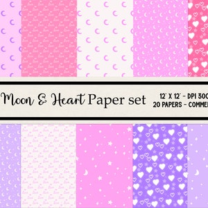 Pink / Purple Moon & Heart Digital Paper set - commercial use, instant download