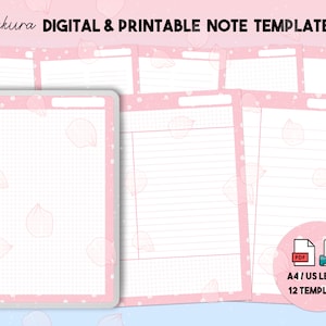 Plantilla de notas digitales Sakura - Imprimible, A4, Carta de EE. UU., Goodnotes, PDF