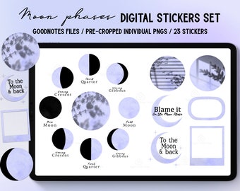 Moon phases Digital Stickers set - Goodnotes, PNG, Pre-cropped