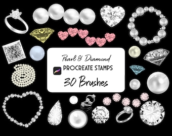May include: A set of 30 Procreate stamps featuring pearl and diamond designs. The stamps include various shapes, sizes, and styles of pearls and diamonds, including rings, hearts, and necklaces. The stamps are perfect for adding a touch of elegance and sparkle to your digital art.