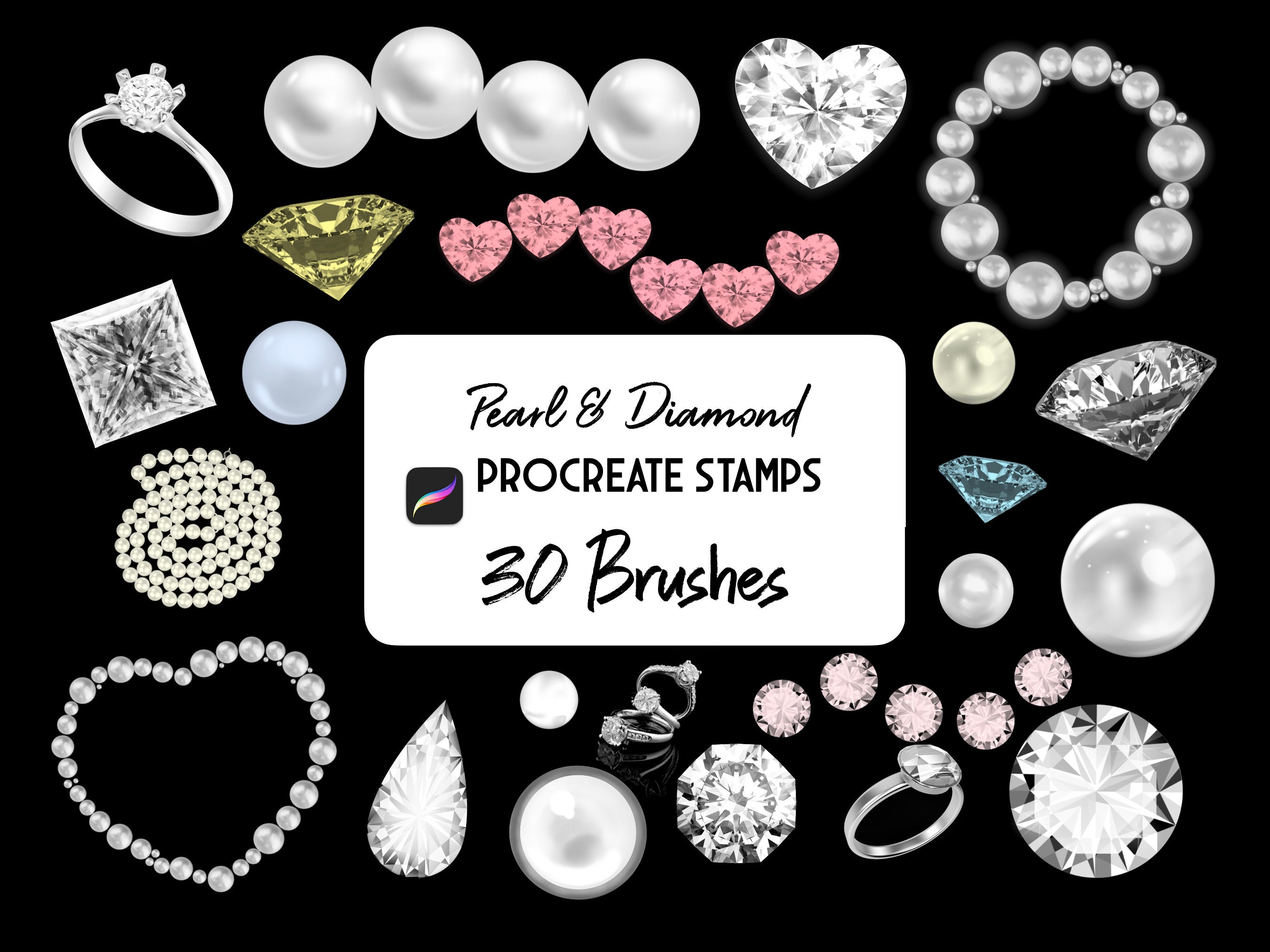 Set de pinceles de sellos Procreate de perlas y diamantes realistas (30 sellos de alto detalle)