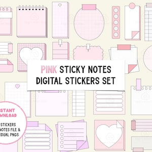 May include: A set of 53 pink digital sticky notes with various designs, including hearts, grid patterns, and lines. The notes are labelled "PINK STICKY NOTES DIGITAL STICKERS SET".