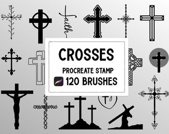 May include: A set of 120 Procreate stamp brushes featuring various styles of crosses. The brushes are black and white and include a variety of designs, such as Celtic crosses, floral crosses, and simple crosses.