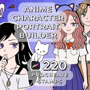 May include: Digital art illustration featuring anime characters. The image includes the text "ANIME CHARACTER PORTRAIT BUILDER" and "220 PROCREATE STAMPS". The characters are drawn in a manga style, with a variety of accessories.